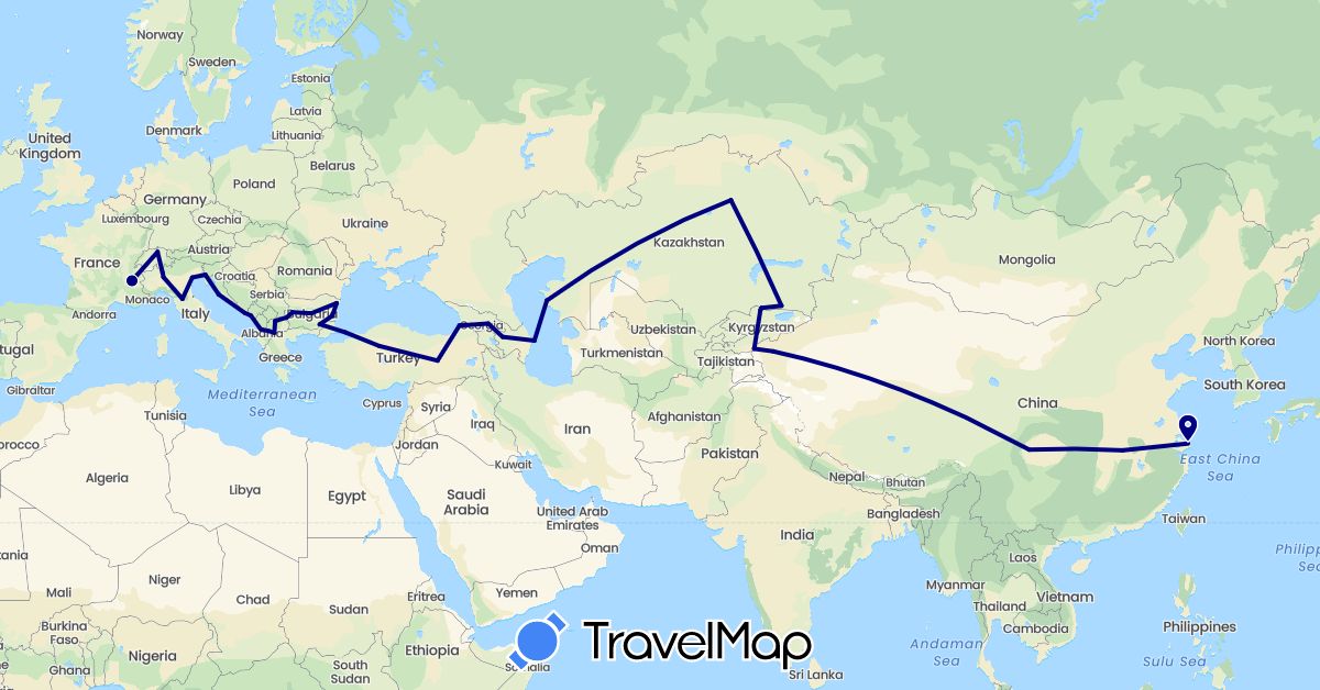 TravelMap itinerary: driving in Albania, Azerbaijan, Bulgaria, Switzerland, China, France, Georgia, Croatia, Italy, Kyrgyzstan, Kazakhstan, Montenegro, Macedonia, Turkey (Asia, Europe)